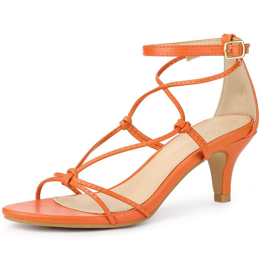 Strappy Knot Ankle Strap Kitten Heels Sandals Orange
